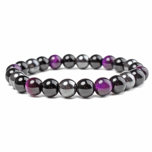 12mm magnetic hematite and purple tiger eye stone bead health bracelet on white background