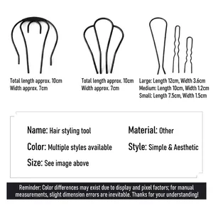Women's black U-shaped hair pins and DIY bun makers showing precise product measurements