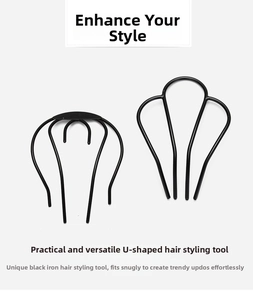Macro detail of black matte metal U-shaped hair pins for bun styling and secure hair grip