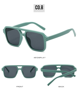 Detailed views of mint green square sunglasses with dark grey lenses and metal accents