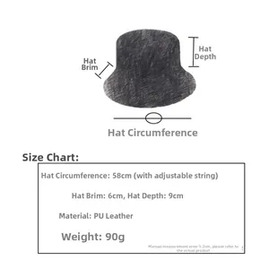 Size chart for black PU leather bucket hat showing 58cm circumference and dimensions