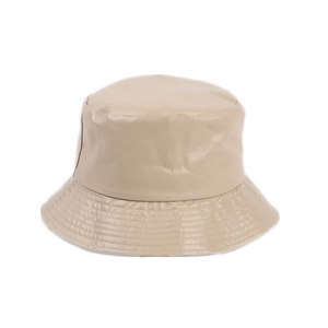 Detail of beige PU leather bucket hat with precise parallel stitching on the brim