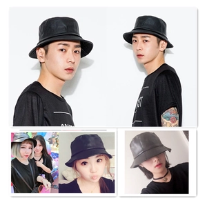 Unisex black PU leather bucket hat with minimalist matte finish for street fashion
