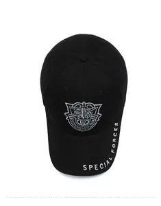 Detailed close-up of US Army Special Forces embroidery on a black cotton baseball cap