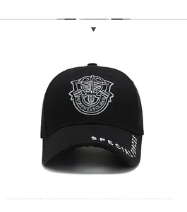 Detailed embroidery of Special Forces crest on a black twill cotton baseball cap