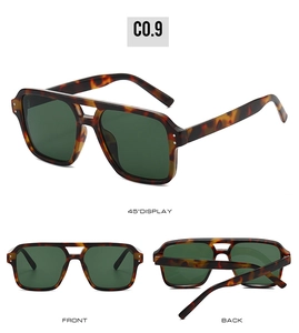 Detail view of tortoiseshell square sunglasses with double bridge and green lenses