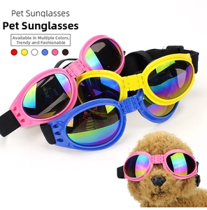 Foldable pet sunglasses with colorful lenses and adjustable straps for dog protection
