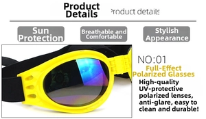 Detail of yellow pet goggles showing side ventilation holes and UV protective color coating