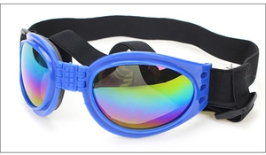 Detail view of foldable blue pet sunglasses with colorful reflective lenses and adjustable strap