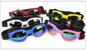 Foldable dog sunglasses in six vibrant colors with adjustable straps for UV protection
