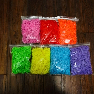 Bulk pack of colorful plastic knitting stitch markers in transparent resealable bags