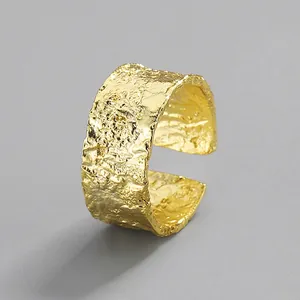 Minimalist Copper Wide Ring Irregular Hammered Texture Adjustable Open Ring For Women Vintage Light Luxury Finger Jewelry