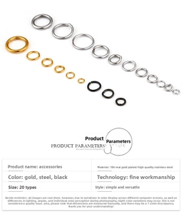 Detailed chart of open jump rings in gold, steel, and black finishes for DIY jewelry making