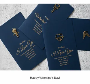 Detailed view of vintage metal charms and gold foil text on navy matte gift cards