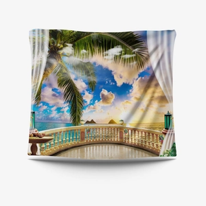 Detail of tropical sunset sea view tapestry with balcony scene and palm leaves