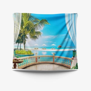 Detail of tropical seaside tapestry with pool and palm trees for wall decoration