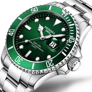 Detail of green sunray dial and rotating bezel on stainless steel men's watch