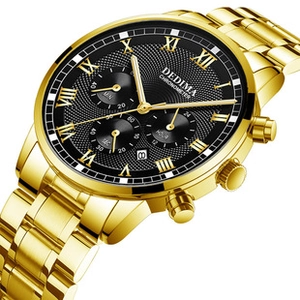 Detail view of gold mesh strap men's watch with black dial and Roman numerals