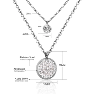 Detail of silver stainless steel necklaces with 12mm and 6mm cubic zirconia pendants