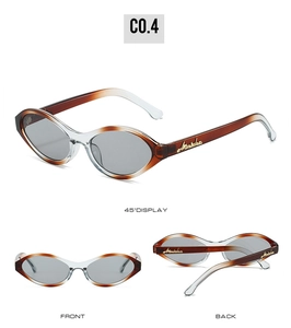Three-view layout of retro cat-eye sunglasses with gradient brown frames and gold temple logo