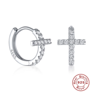 925 Sterling Silver Cross Huggie Hoop Earrings With Cubic Zirconia Geometric Dangle Tiny Small Trendy Jewelry Women Men