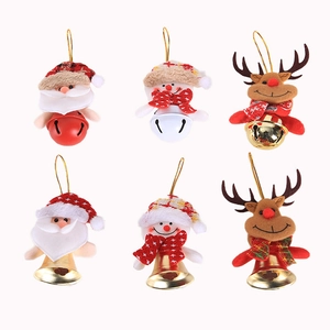 Set of 6 Christmas plush ornaments with metal bells featuring Santa, Snowman, and Reindeer