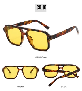 Detailed multi-view of large square sunglasses with yellow lenses and tortoiseshell frame
