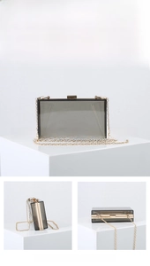 Detailed views of gray translucent acrylic clutch bag with golden chain and metal closure