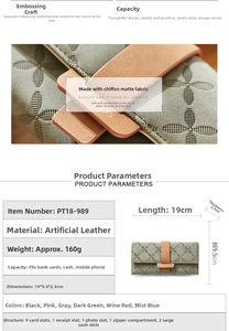 Detailed size chart and internal structure layout of the quilted long wallet for women