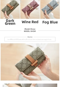 Detail of long PU leather wallets with clover pattern embossing and buckle closure