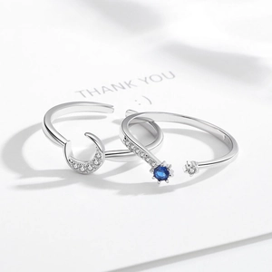 S925 Sterling Silver Star Moon Adjustable Open Rings For Women Dainty Blue Zircon Minimalist Jewelry