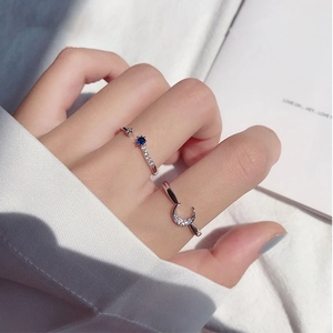 Silver moon and blue star ring set for women with zircons in a minimalist style