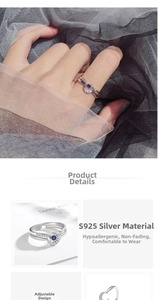 Detailed view of S925 sterling silver moon ring with blue stone and adjustable open band