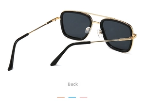 Rear view of retro square pilot kids sunglasses featuring black and gold metal frames