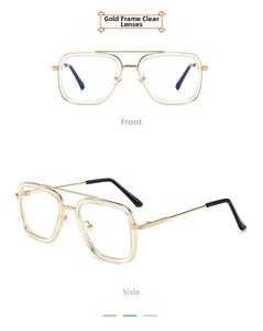 Classic gold pilot children's glasses featuring transparent frames from front and side views