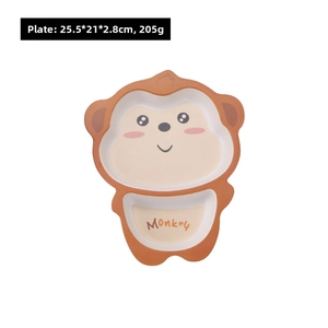 Detailed view of monkey-shaped bamboo fiber kids plate with dimensions 25.5x21x2.8cm