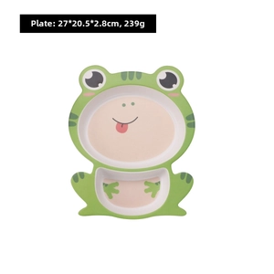 Detail view of frog-shaped bamboo fiber kids plate with dimensions 27x20.5x2.8cm