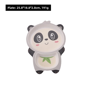 Detail of panda-shaped bamboo fiber kids divided plate with size 25.8x18.8x2.8cm
