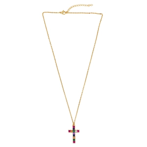 Gold cross pendant necklace with colorful zircon stones on adjustable cable chain