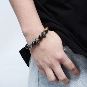 Men's punk tiger eye bead bracelet with vintage stainless steel engraved charms