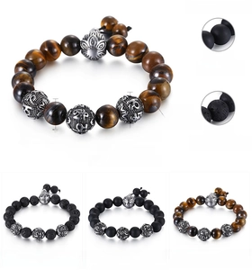 Detail view of 10mm and 13mm beaded bracelets with tiger eye, obsidian, and lava stones