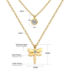 Detail showing dimensions of gold-plated stainless steel double-layered dragonfly necklace