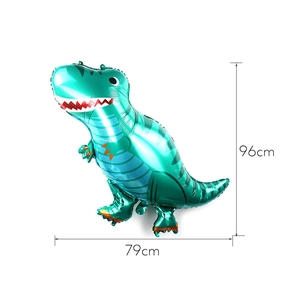 Detail of green T-Rex dinosaur foil balloon showing 79cm by 96cm dimensions for parties