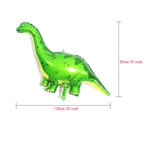 Detail view of large 120cm green dinosaur foil balloon with precise size measurements