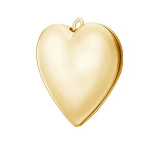 Detail view of heart-shaped gold locket pendant with smooth mirrored finish and side opening