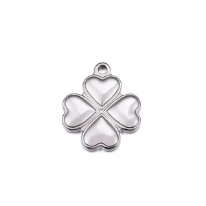 Silver four-leaf clover pendant with heart-shaped white petals on white background