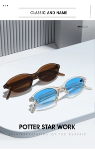 Vue détaillée de deux lunettes de soleil ovales vintage en marron écaille et bleu translucide