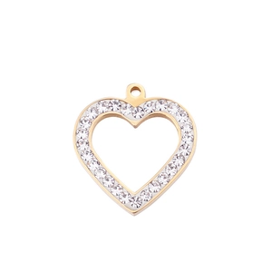 Golden heart pendant with sparkling pavé crystals and top loop on white background