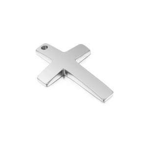 Minimalist silver metal cross pendant with polished surface and small top ring loop