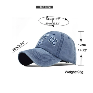 Detailed size chart for the washed denim baseball hat with Route 66 embroidery